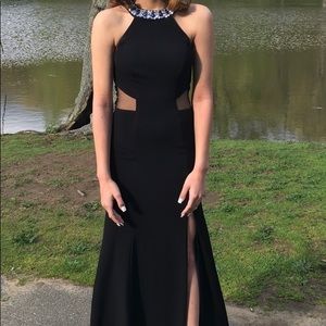 Black gown with jeweled neckline
